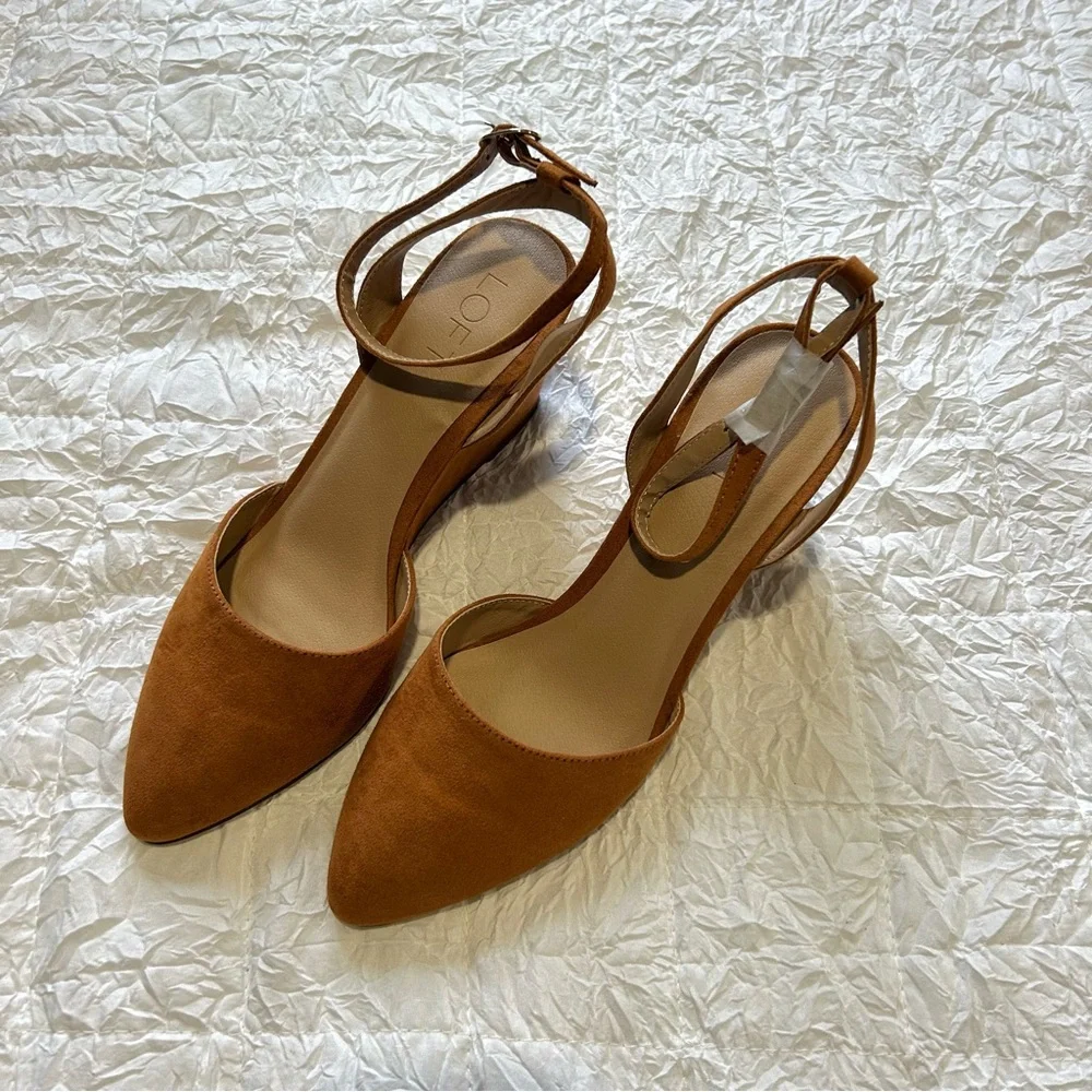 LOFT Cognac Suede Pointed-Toe Wedge Heels